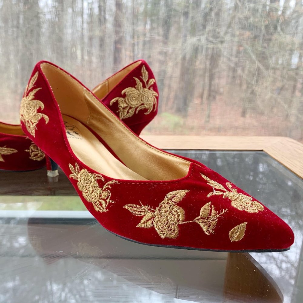 Red Velvet Heels with Gold Embroidery